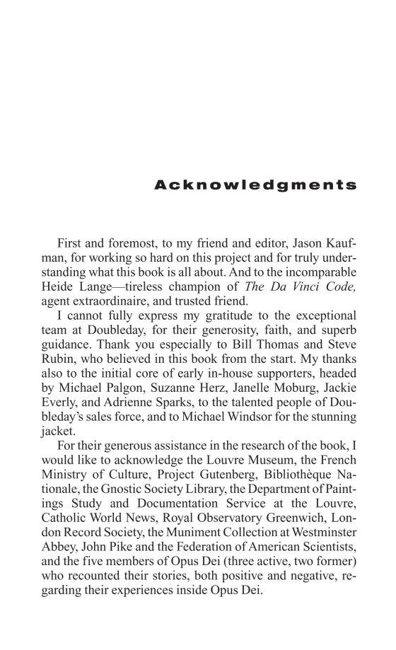 da vinci code book acknowledgement